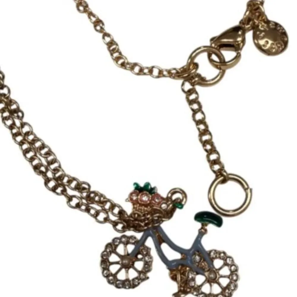 J.Crew Whimsical Blue Enamel Rhinestone Bicycle Pendant Gold Tone Chain Necklace